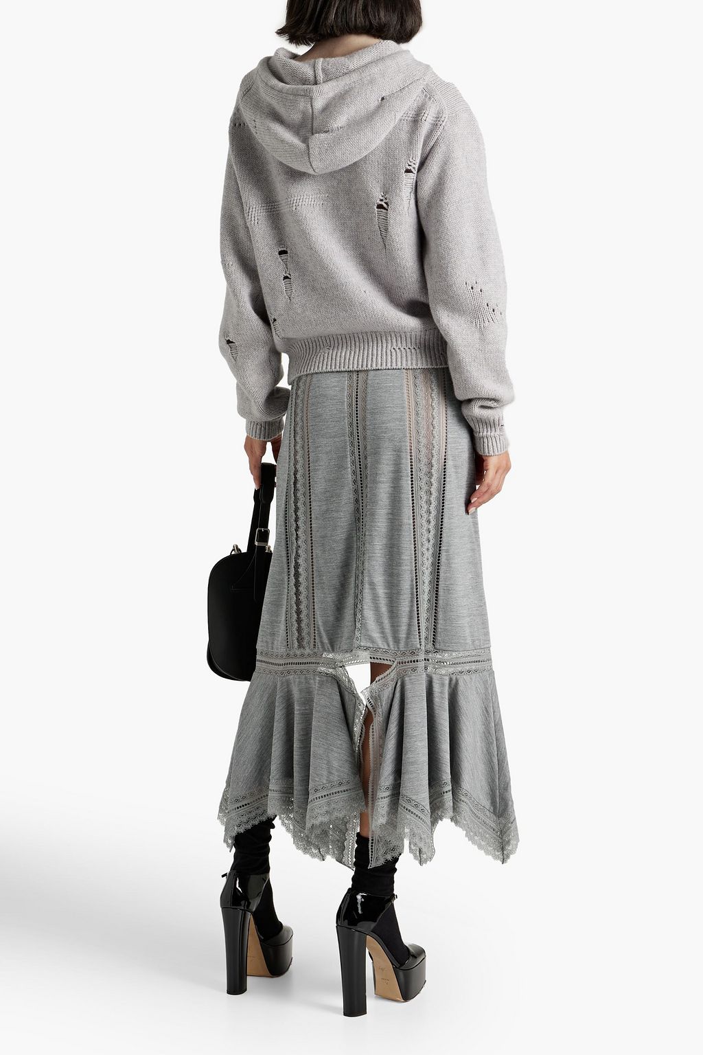 BURBERRY Lace-trimmed wool-jersey midi skirt