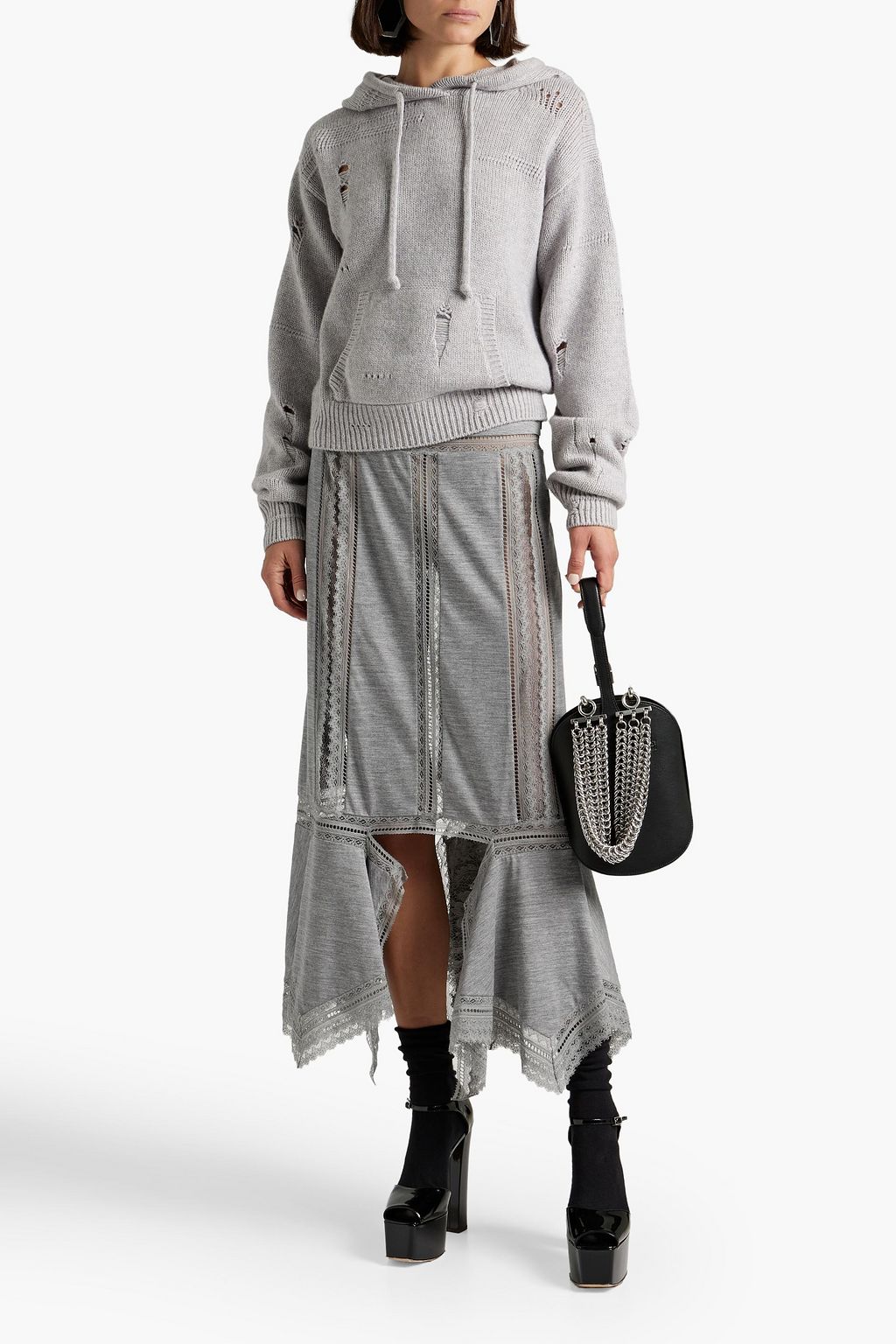 BURBERRY Lace-trimmed wool-jersey midi skirt