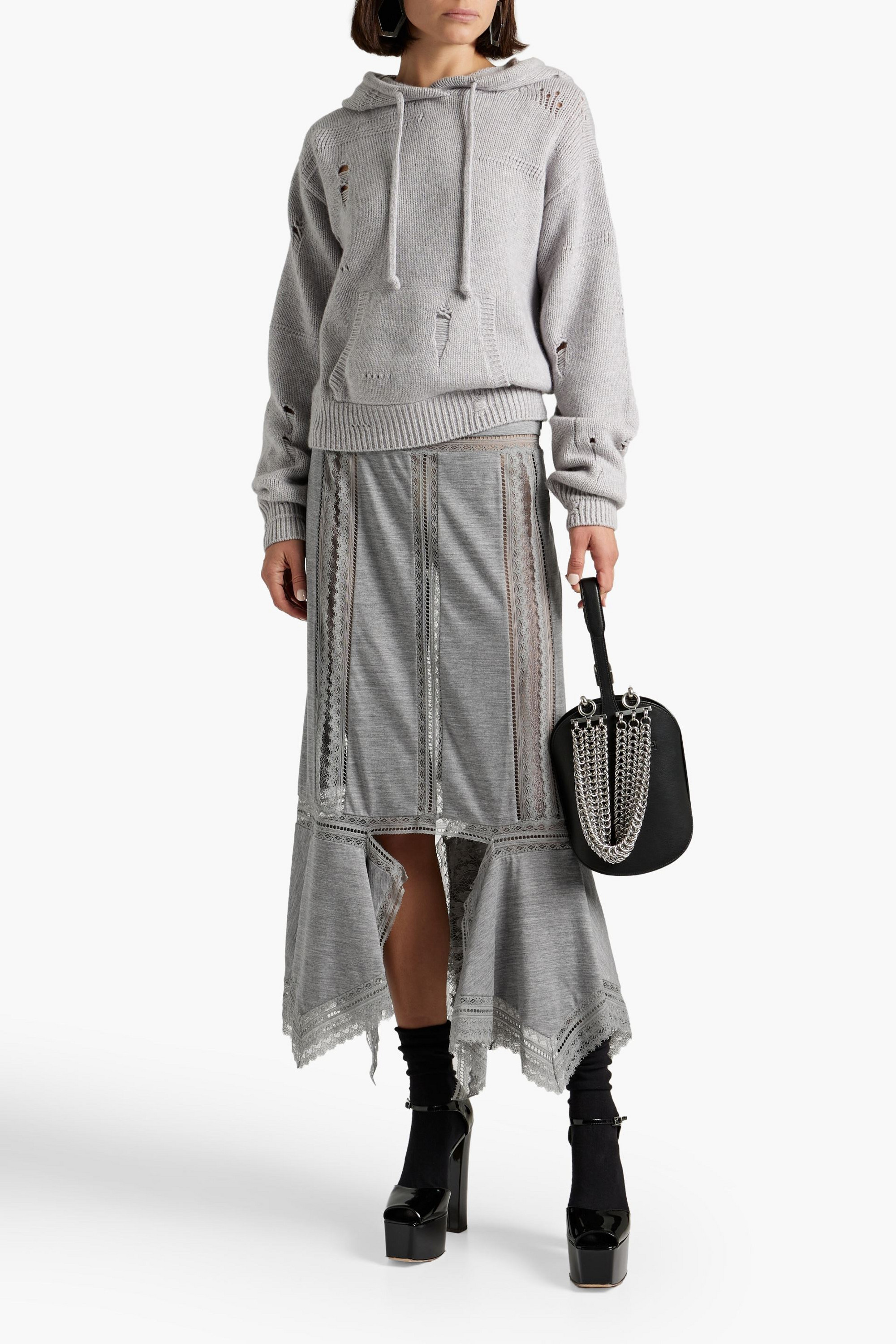 Burberry Lace-trimmed wool-jersey midi skirt