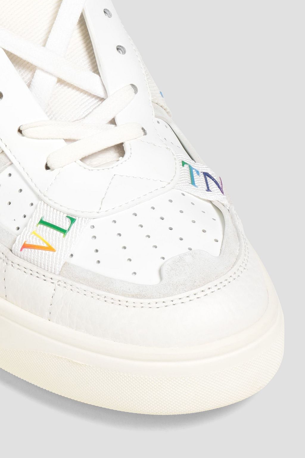 VALENTINO GARAVANI Perforated logo-print pebbled-leather and suede high-top sneakers