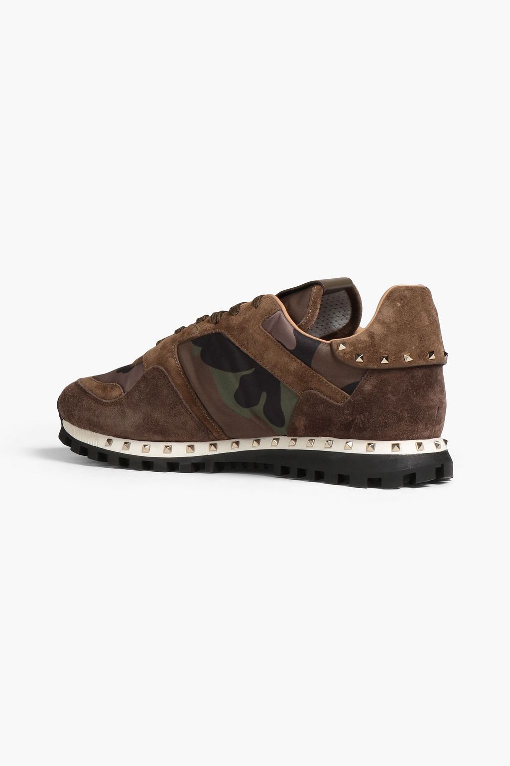 VALENTINO GARAVANI Rockstud Spike camouflage-print shell and suede sneakers