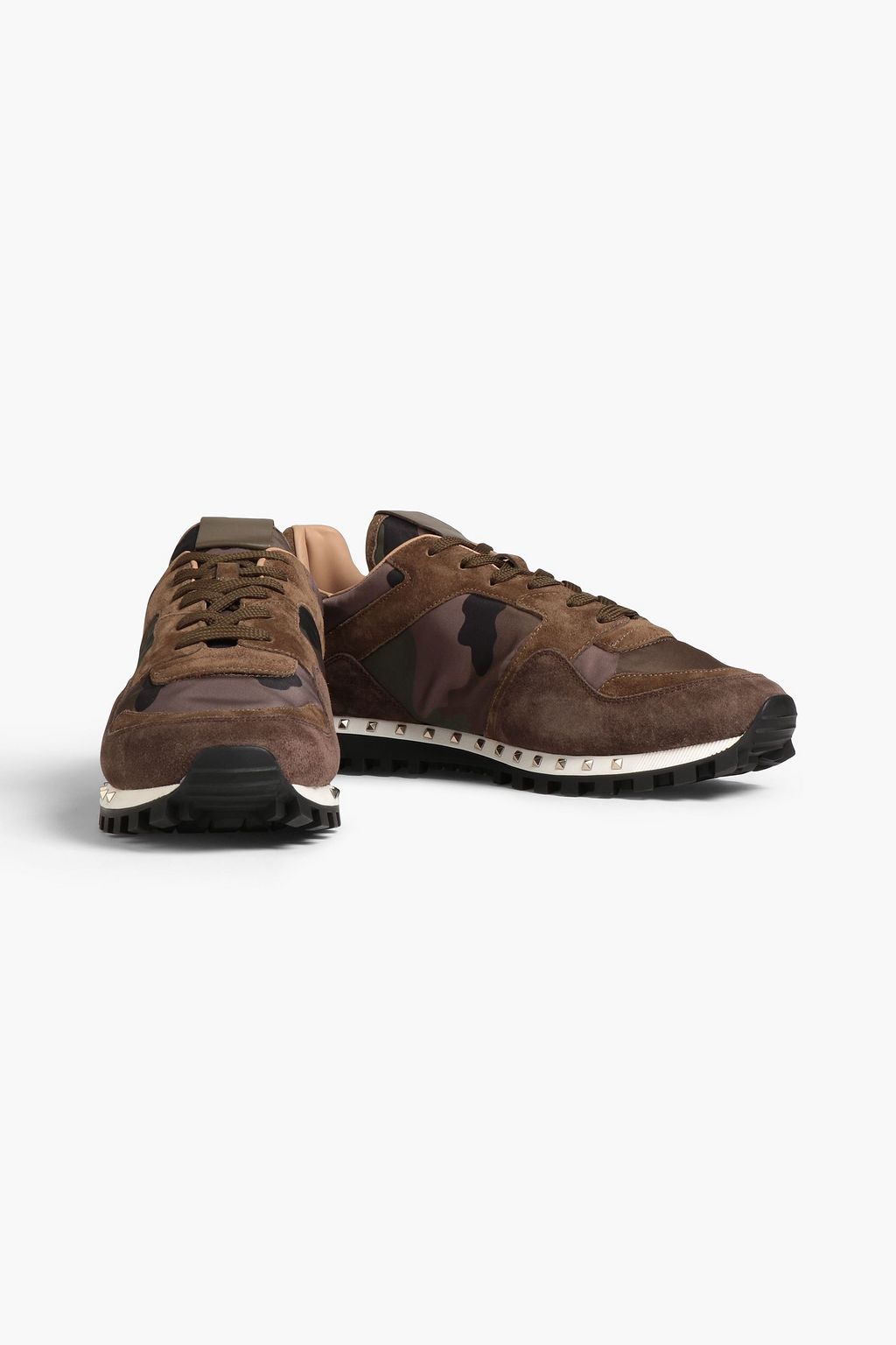 VALENTINO GARAVANI Rockstud Spike camouflage-print shell and suede sneakers