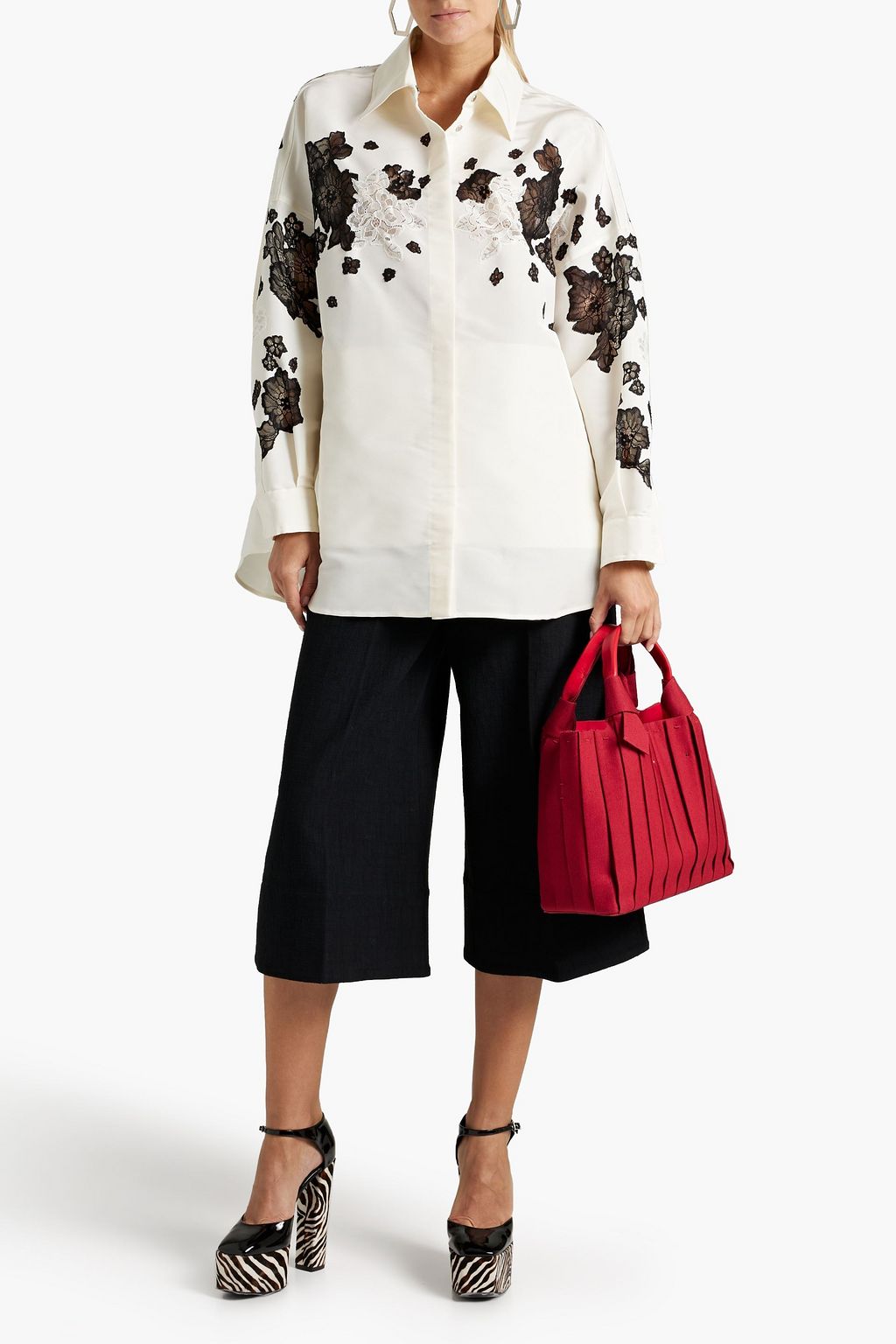 VALENTINO GARAVANI Lace-trimmed two-tone silk-faille shirt