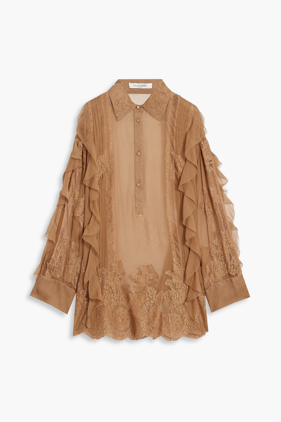 Valentino Pintucked Lace-trimmed Silk-chiffon Blouse In Light Brown