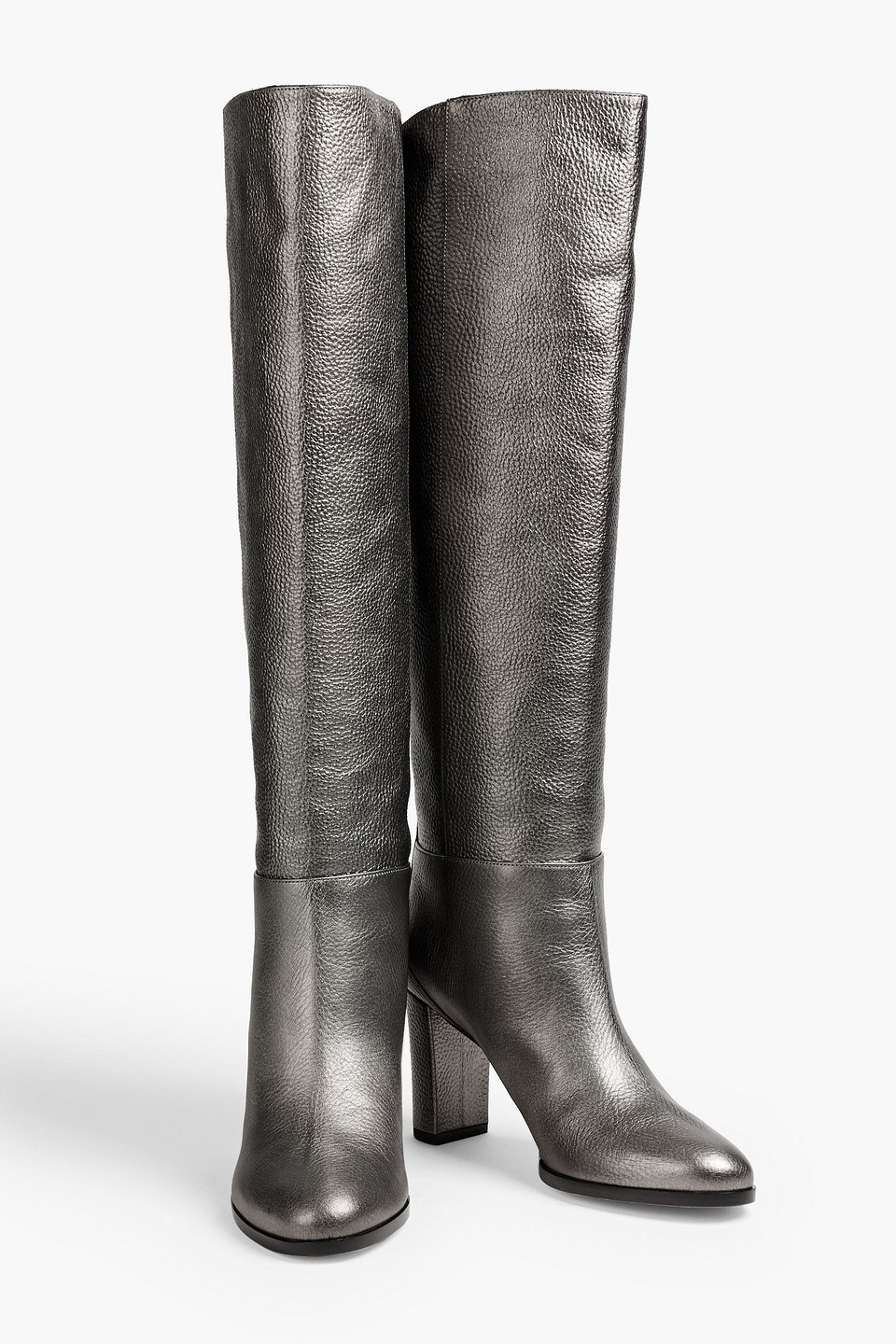 Shop Jimmy Choo Madalie Metallic Pebbled-leather Knee Boots In Gunmetal