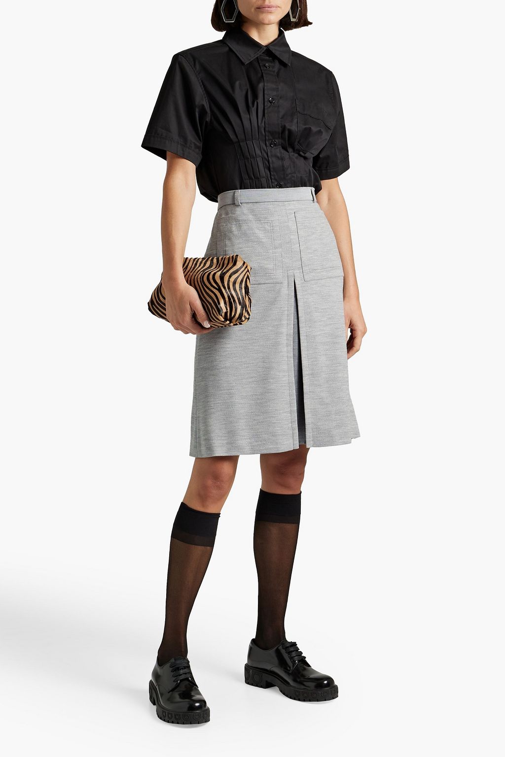 BURBERRY Pleated mélange wool-blend jersey skirt