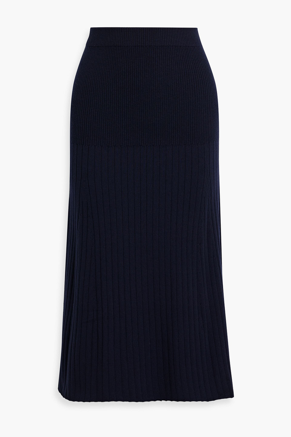 Iris & Ink Emma Ribbed Merino Wool-blend Midi Skirt In Navy