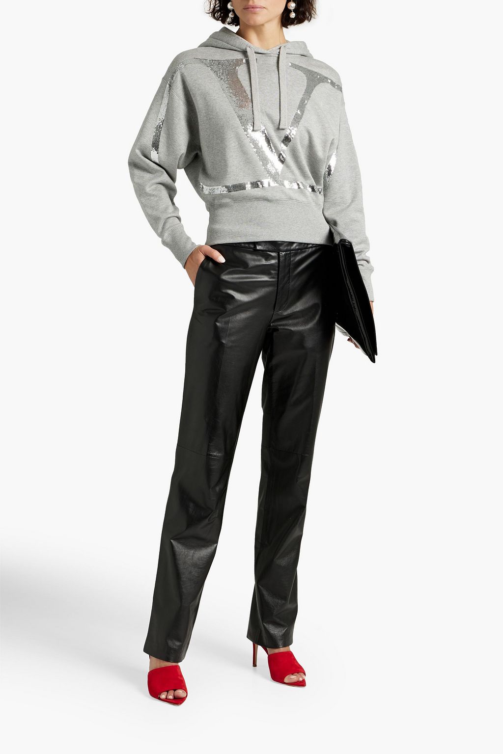 VALENTINO GARAVANI Sequin-embellished mélange French cotton-blend terry hoodie