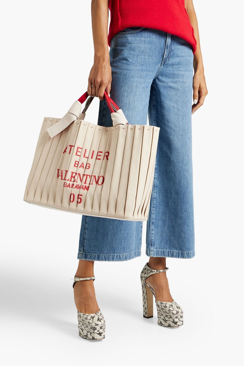 VALENTINO GARAVANI Atelier 05 leather-trimmed printed plissé-canvas tote