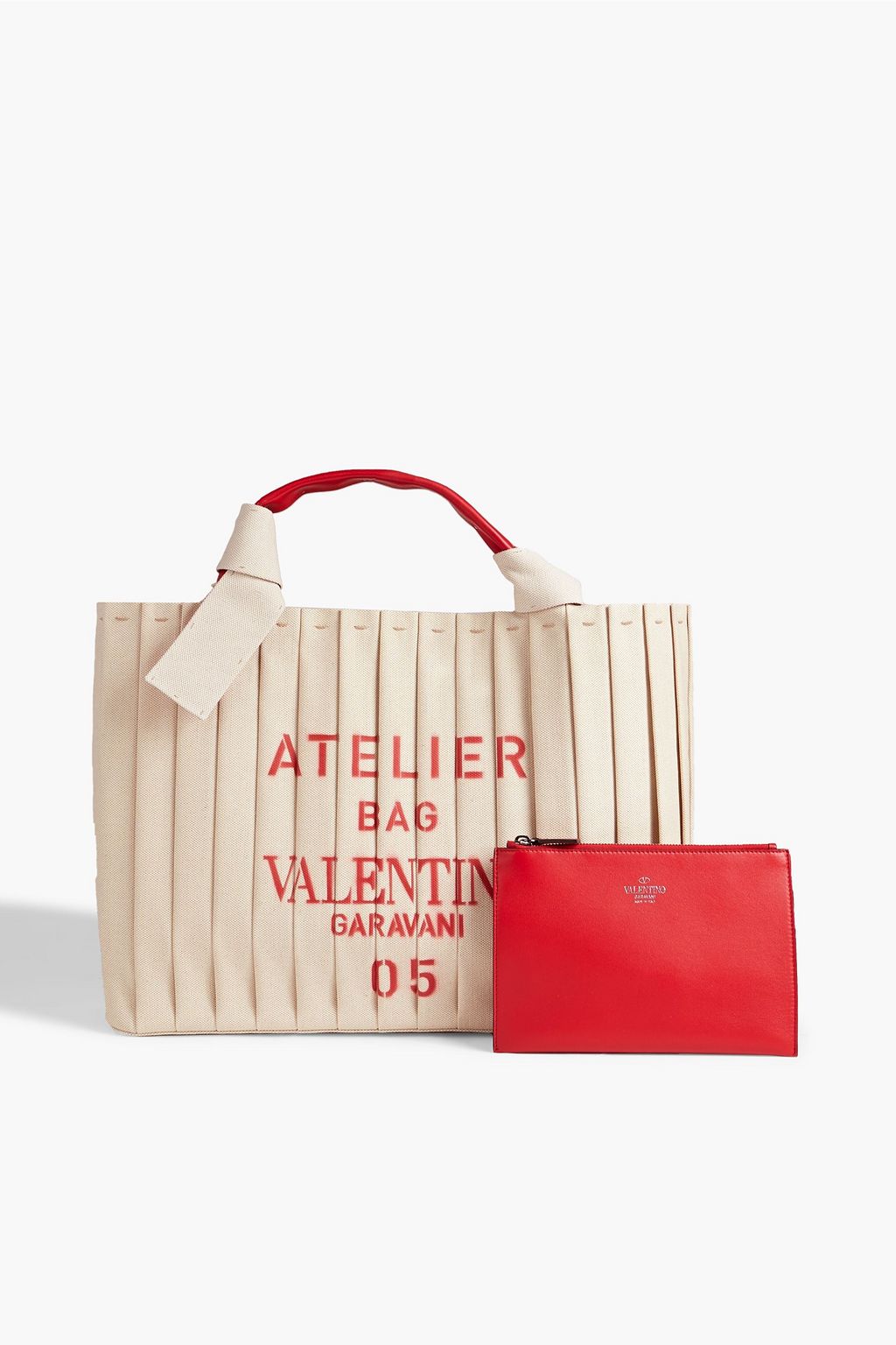 VALENTINO GARAVANI Atelier 05 leather-trimmed printed plissé-canvas tote