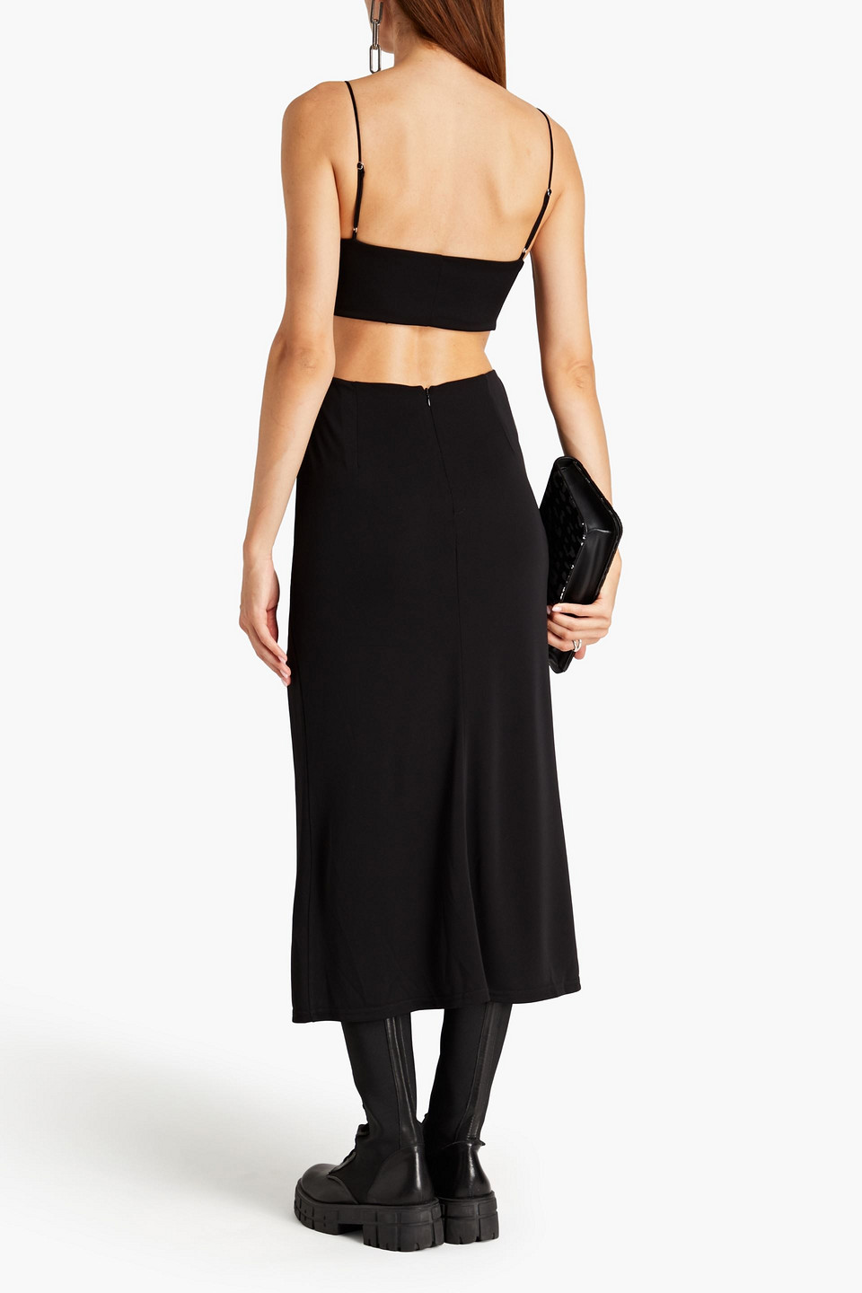 CINQ À SEPT MARIAH CUTOUT GATHERED JERSEY MIDI DRESS