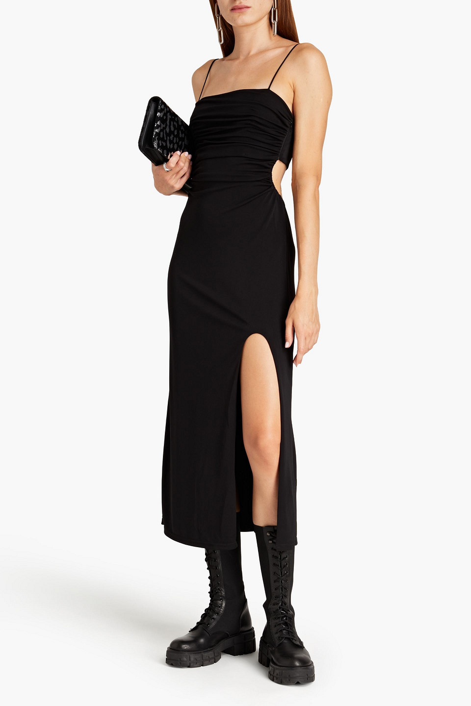 CINQ À SEPT MARIAH CUTOUT GATHERED JERSEY MIDI DRESS