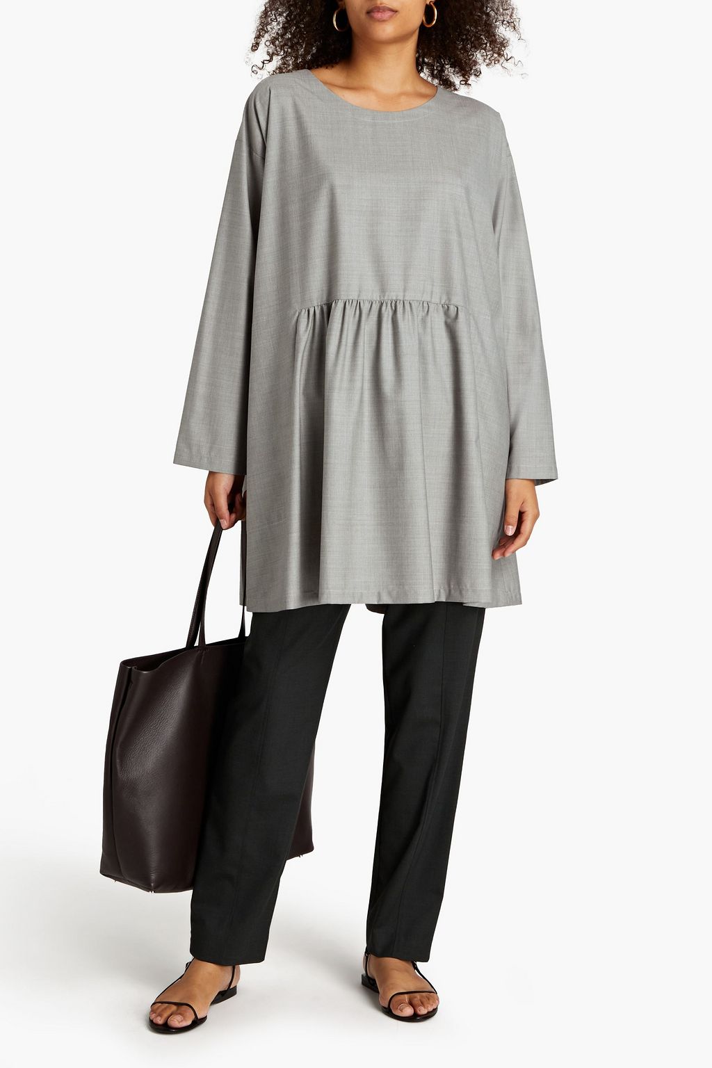 ESKANDAR Gathered mélange wool and silk-blend tunic