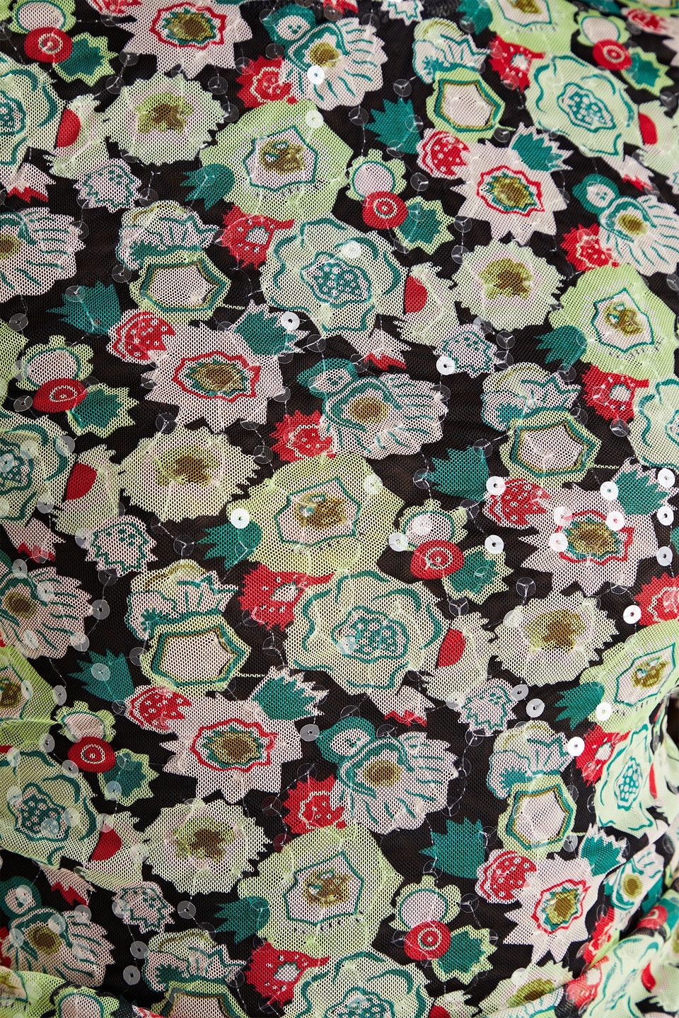 CINQ À SEPT KIWI EMBELLISHED RUCHED PRINTED MESH TURTLENECK TOP