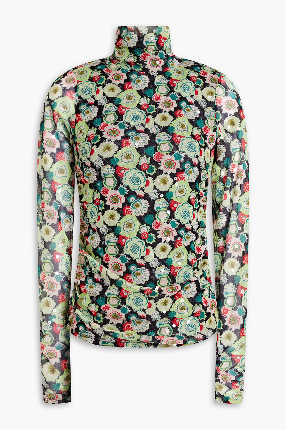 CINQ À SEPT KIWI EMBELLISHED RUCHED PRINTED MESH TURTLENECK TOP