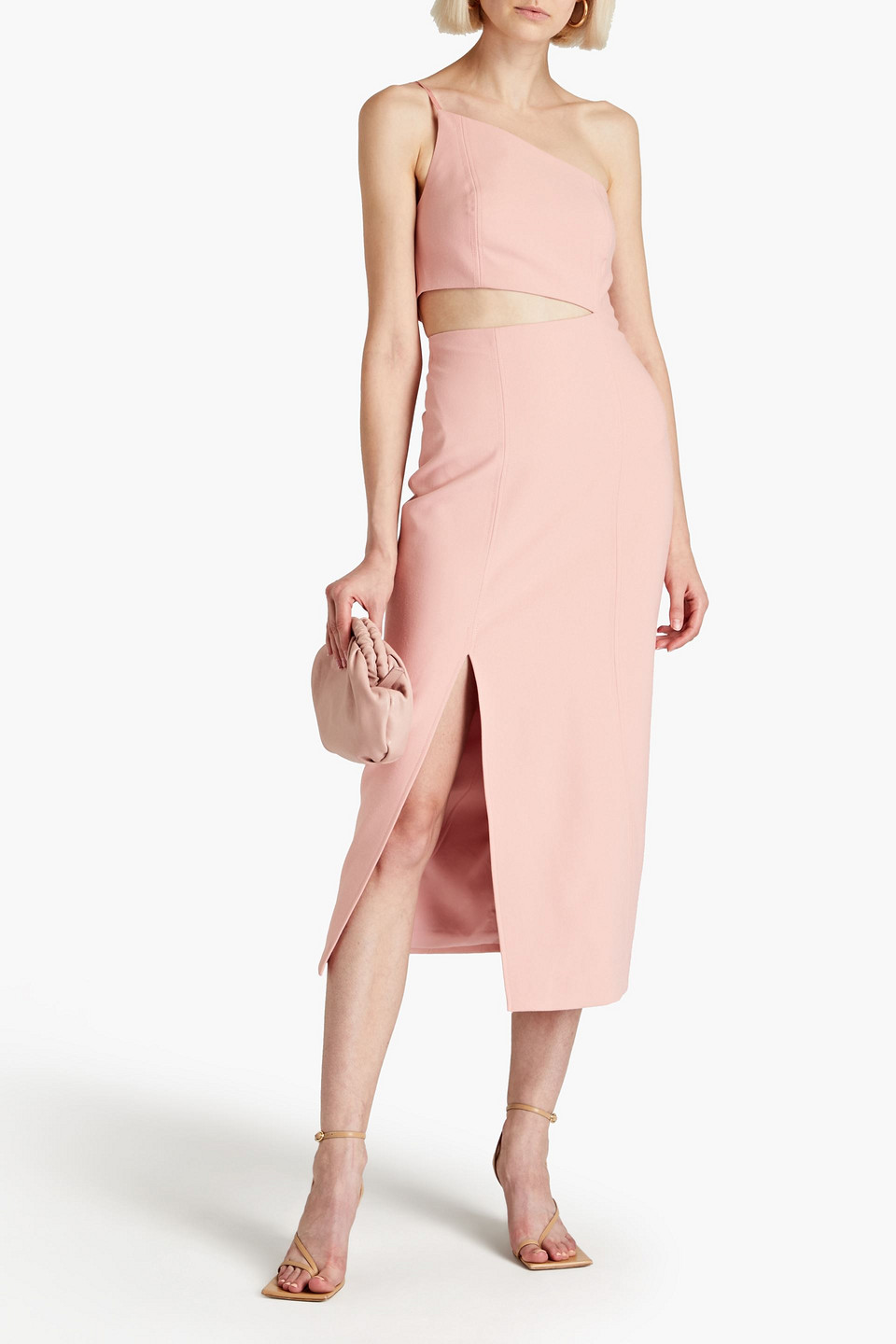 CINQ À SEPT LAURILE ONE-SHOULDER CUTOUT WOVEN MIDI DRESS