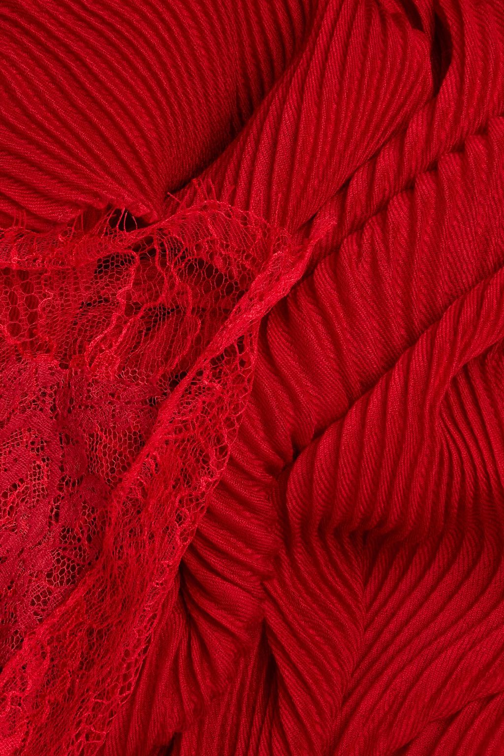 VALENTINO GARAVANI Lace-paneled plissé cashmere and wool-blend scarf