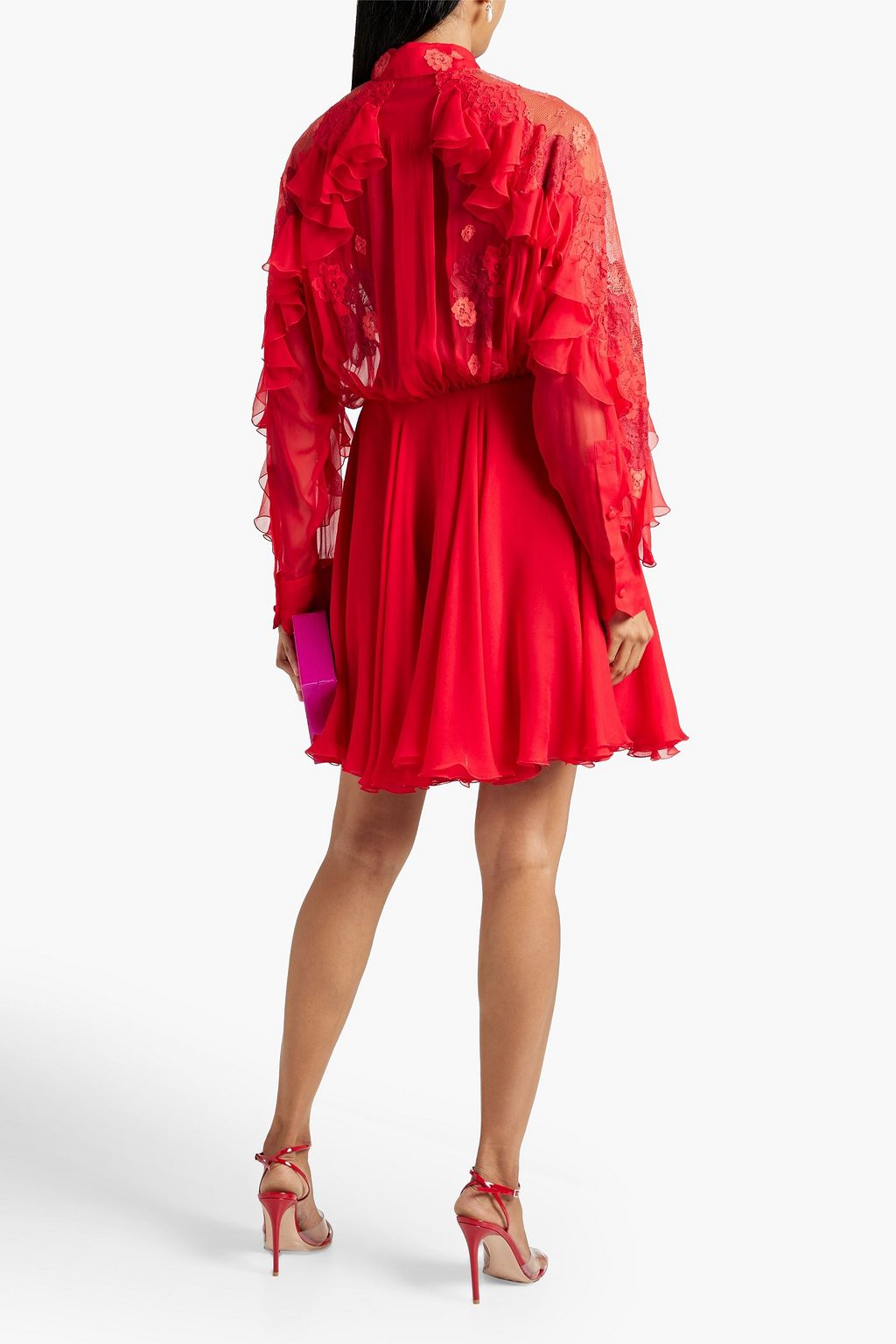 VALENTINO GARAVANI Lace-paneled silk-chiffon mini shirt dress
