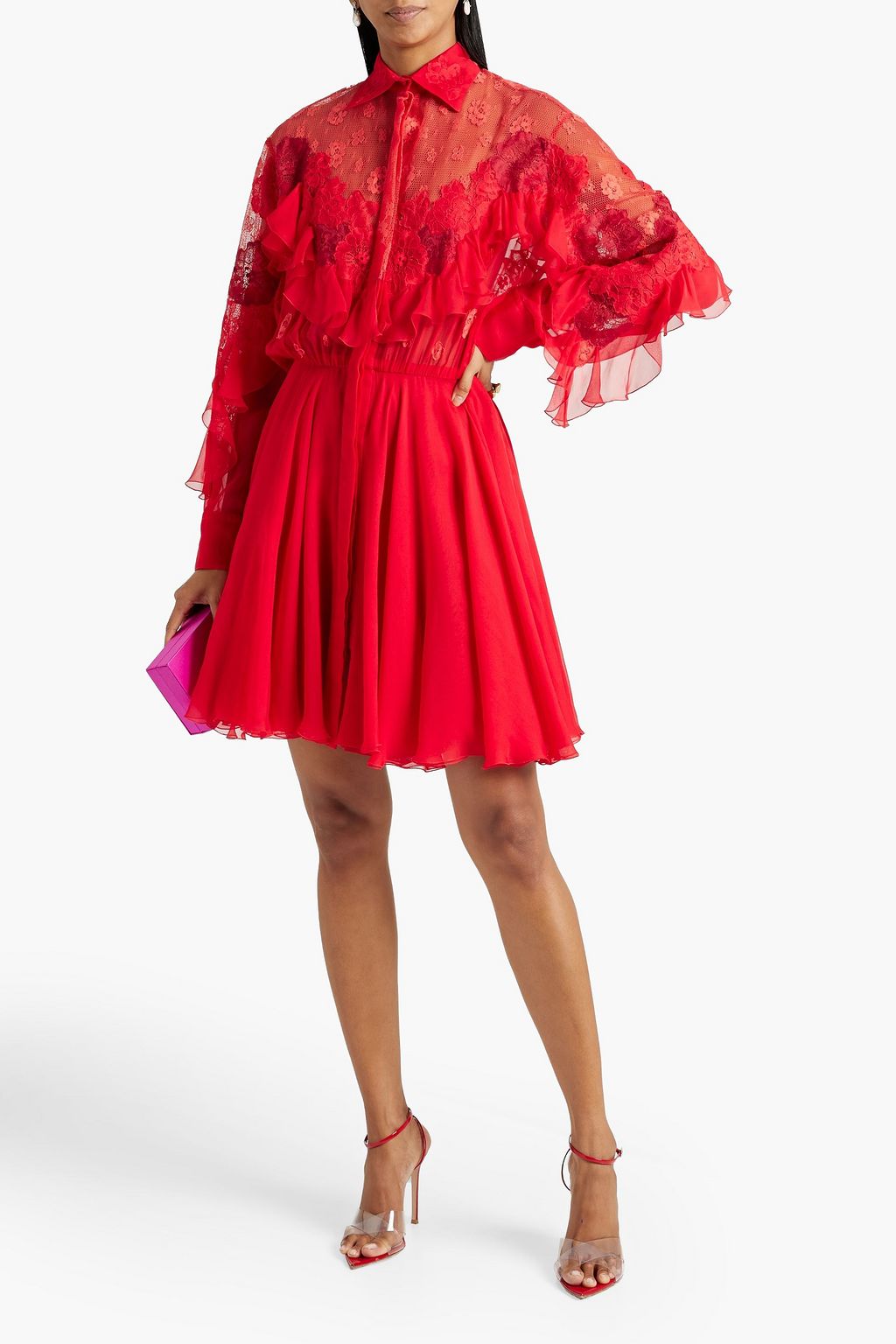 VALENTINO GARAVANI Lace-paneled silk-chiffon mini shirt dress