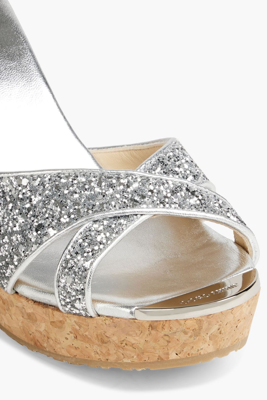 JIMMY CHOO Pandora glittered metallic leather platform wedge mules