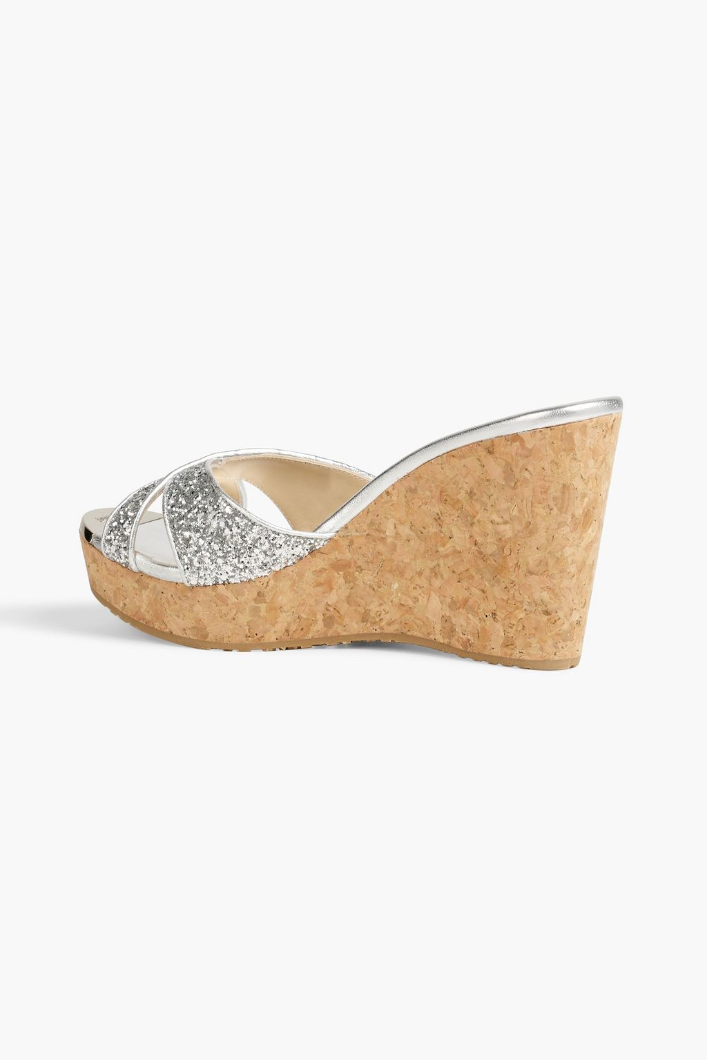 JIMMY CHOO Pandora glittered metallic leather platform wedge mules