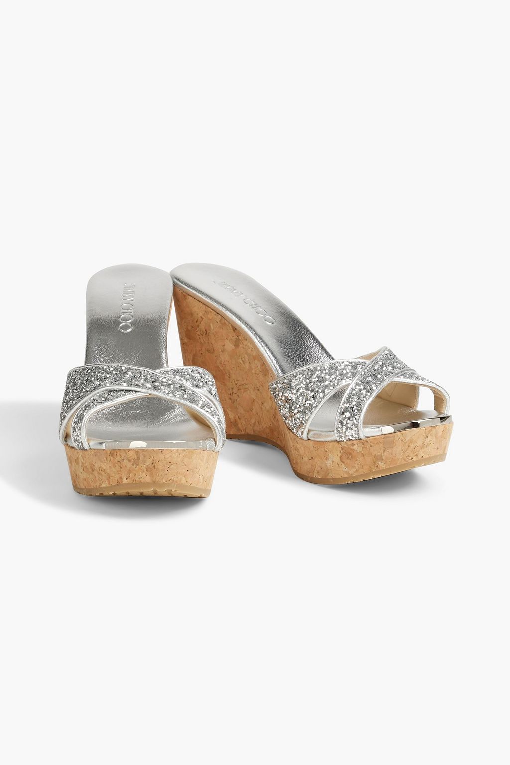JIMMY CHOO Pandora glittered metallic leather platform wedge mules