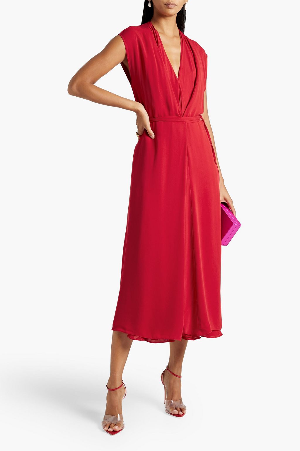 VALENTINO GARAVANI Belted pleated silk-crepe midi dress | THE OUTNET