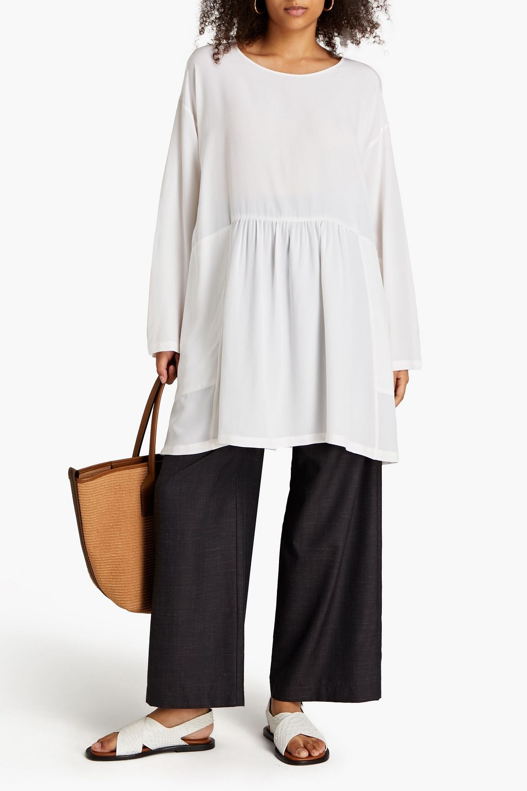ESKANDAR Gathered silk crepe de chine tunic