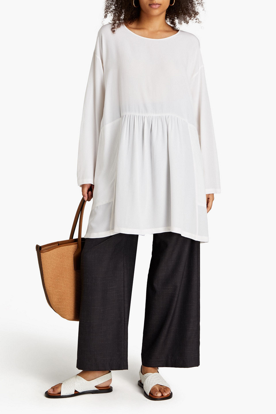 Eskandar Gathered Silk Crepe De Chine Top In Ivory