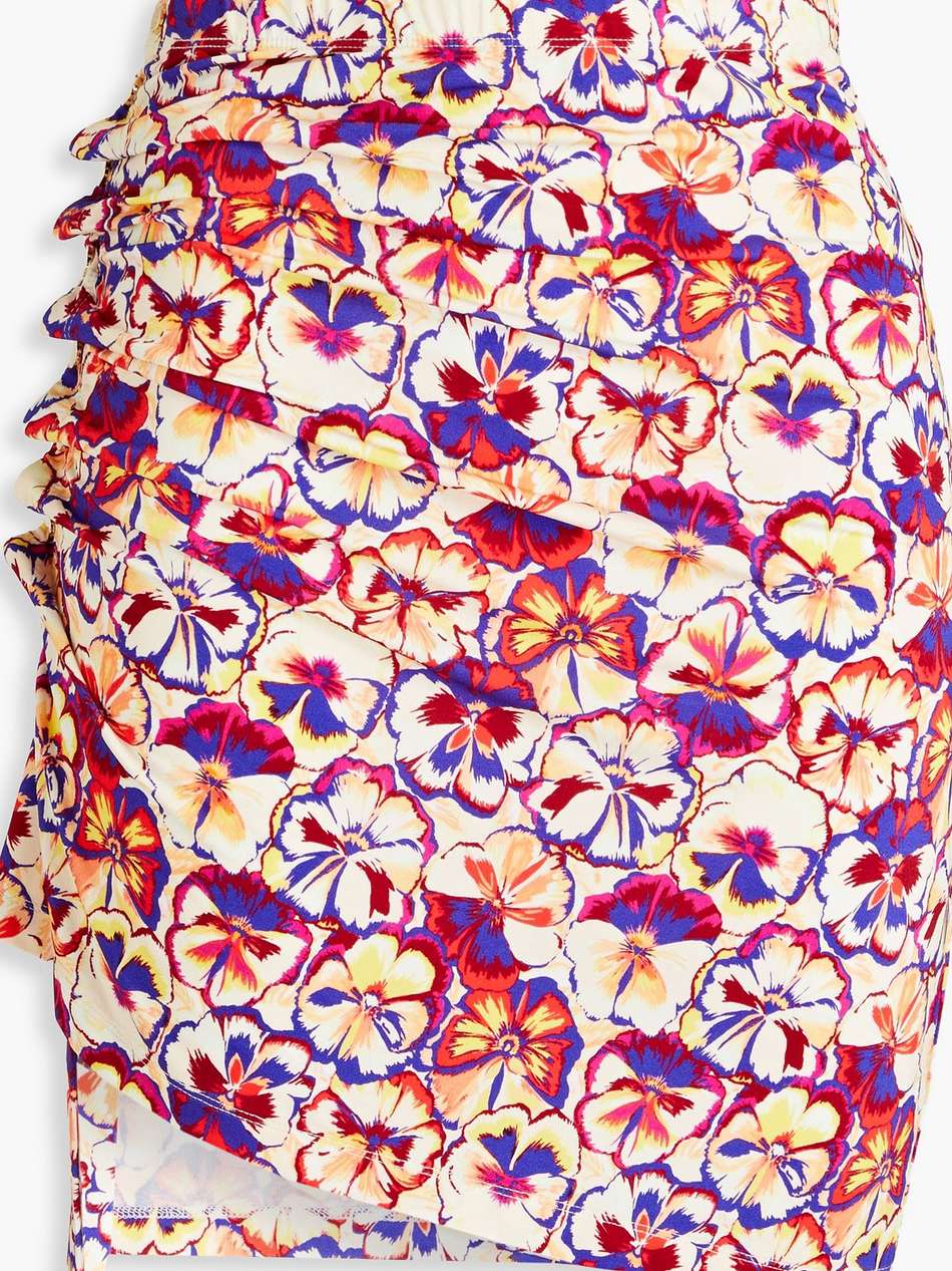 ruched floral-print jersey mini skirt
