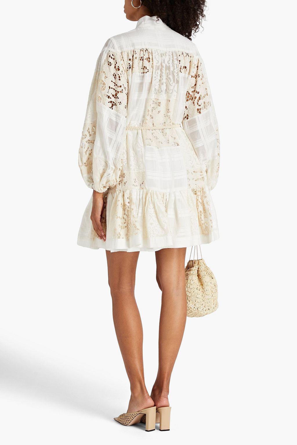 ZIMMERMANN Gathered cotton-blend lace, broderie anglaise and jacquard mini dress
