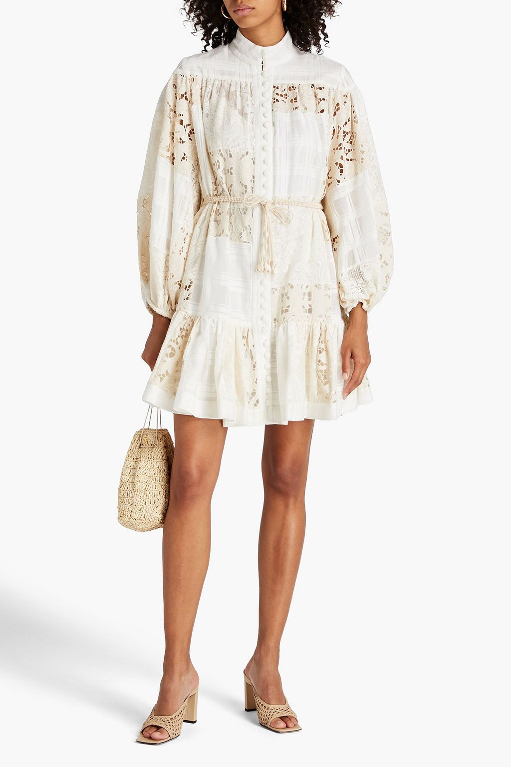 ZIMMERMANN Gathered cotton-blend lace, broderie anglaise and jacquard mini dress