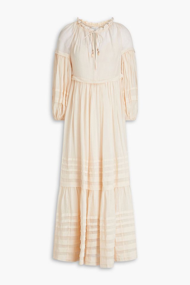 Tasseled gathered ramie-gauze maxi dress