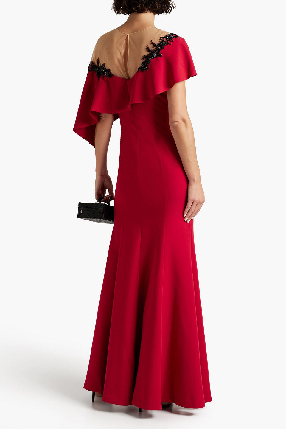 Shop Marchesa Notte Embellished Draped Tulle And Crepe Gown In Red