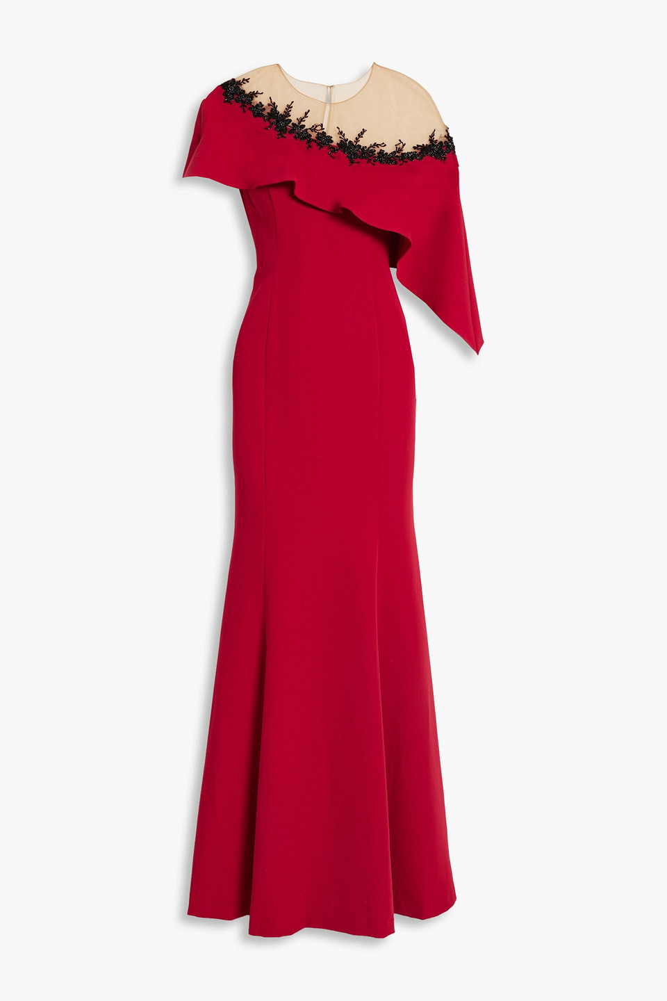 Marchesa Notte Embellished Draped Tulle And Crepe Gown In Red