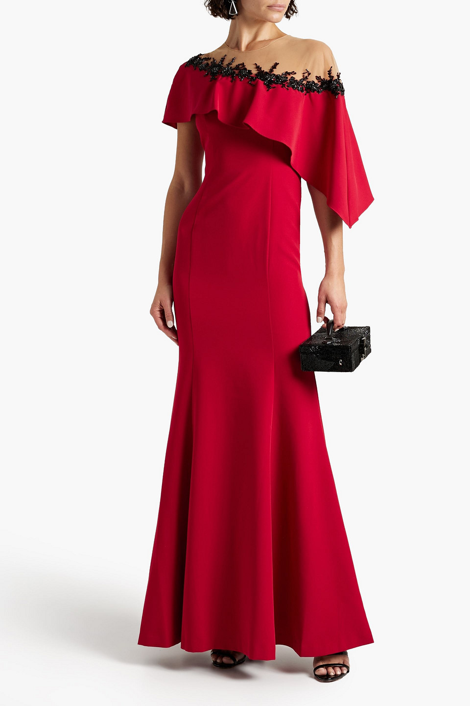 Shop Marchesa Notte Embellished Draped Tulle And Crepe Gown In Red