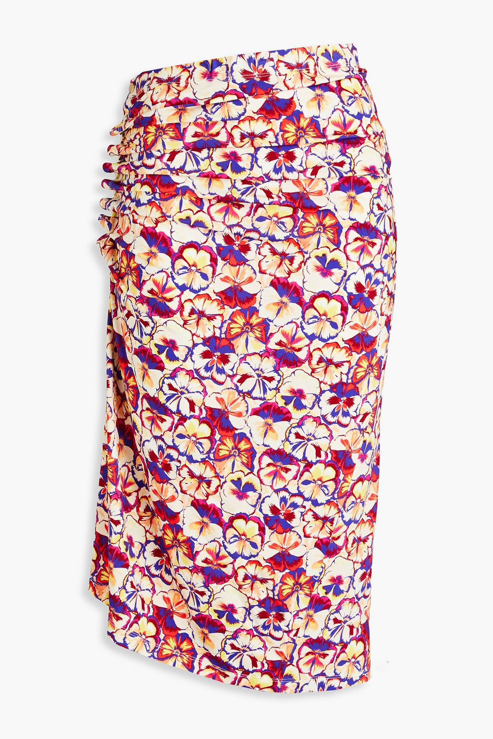 Rabanne Ruched Floral-print Jersey Midi Skirt In Cream