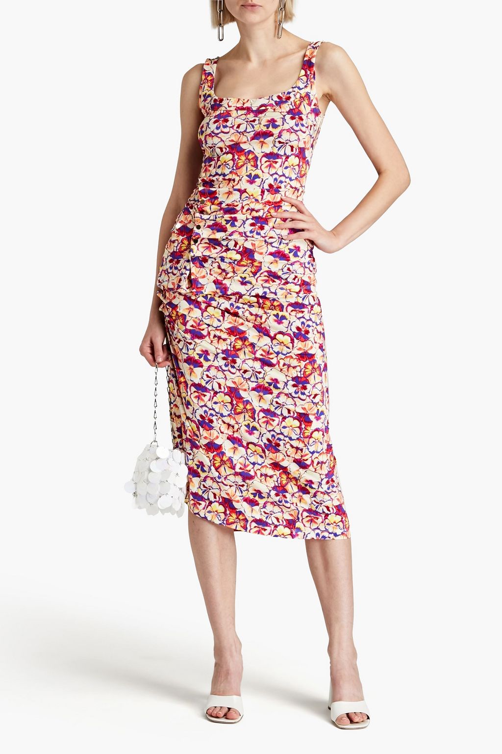RABANNE Ruched floral-print jersey midi skirt