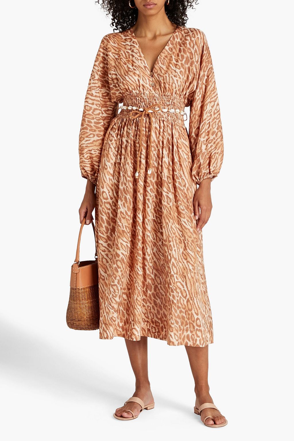 ZIMMERMANN Shirred leopard-print linen midi dress