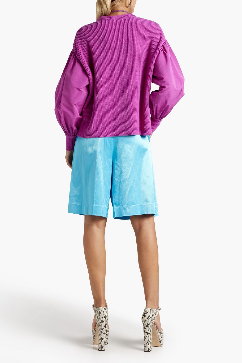 VALENTINO GARAVANI Faille-paneled ribbed wool and cashmere-blend sweater