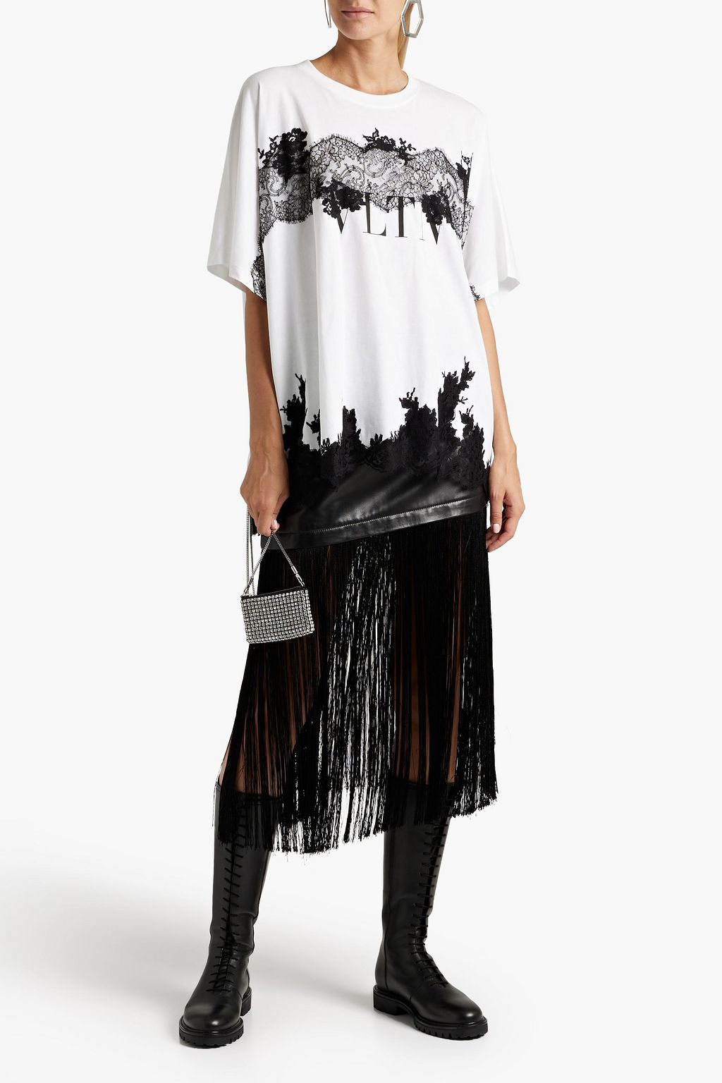 VALENTINO GARAVANI Lace-trimmed printed cotton-jersey top