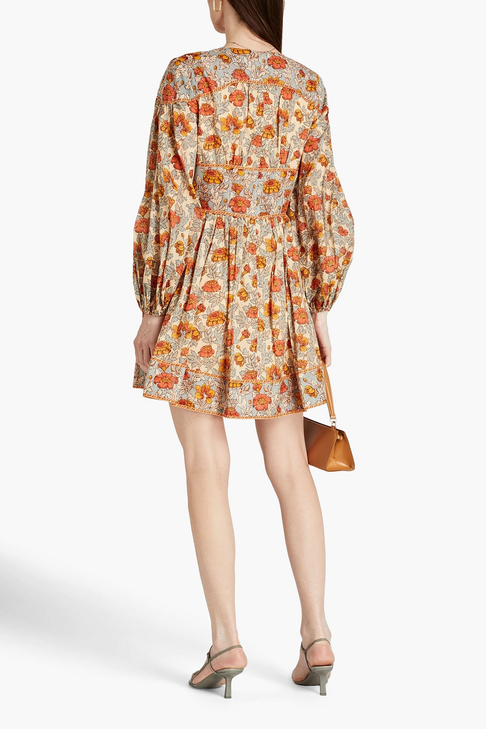 Shop Zimmermann Gathered Floral-print Cotton-mousseline Mini Dress In Orange