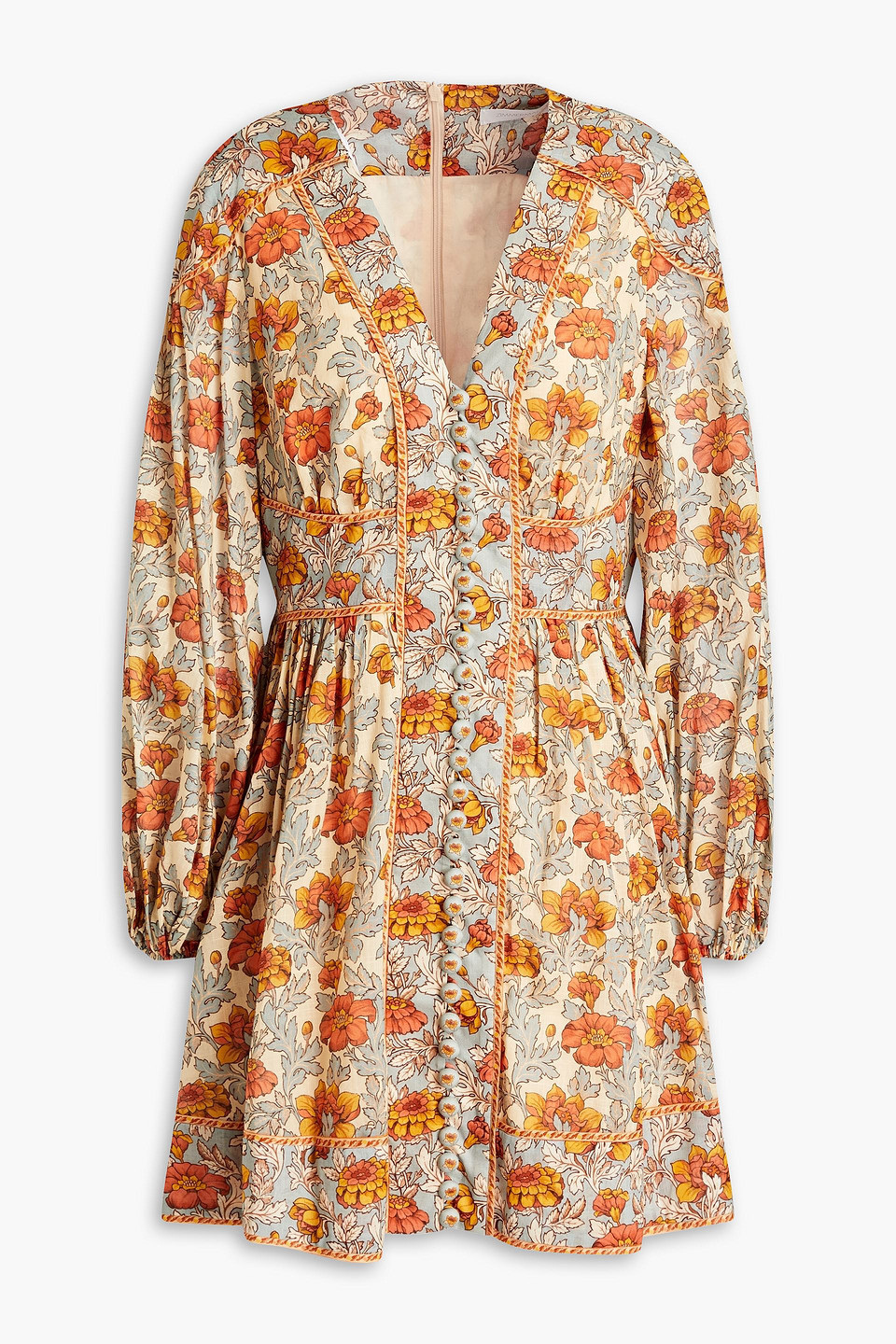 Shop Zimmermann Gathered Floral-print Cotton-mousseline Mini Dress In Orange