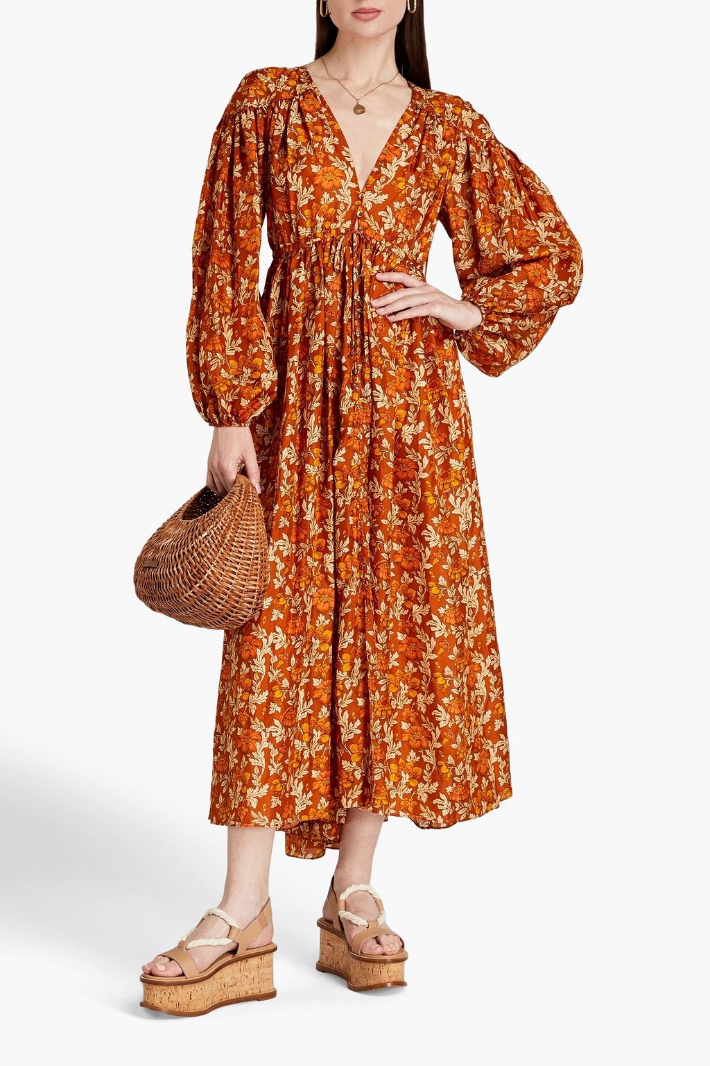 ZIMMERMANN Gathered floral-print silk midi dress