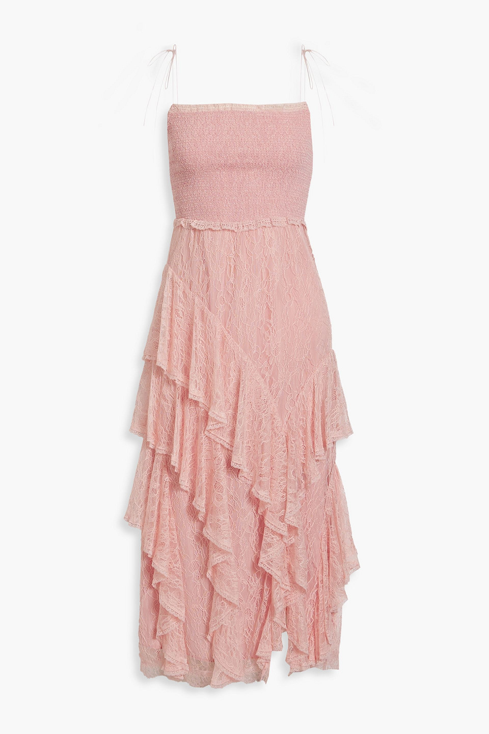 Alice And Olivia Jocelyn Smocked Ruffled Corded Lace Midi Dress In Baby Pink  | ModeSens