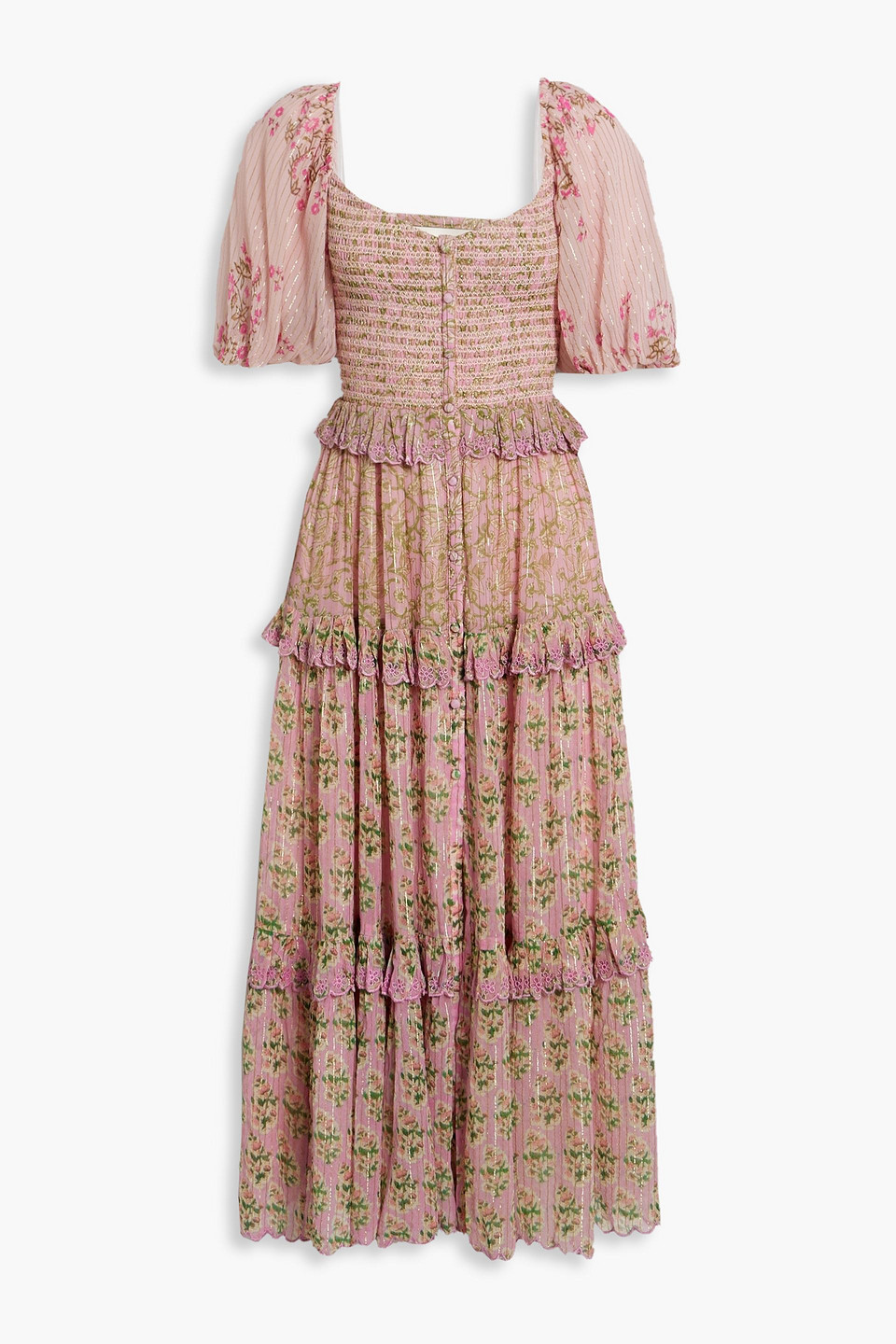 HEMANT & NANDITA Tiered metallic floral-print jacquard midi dress