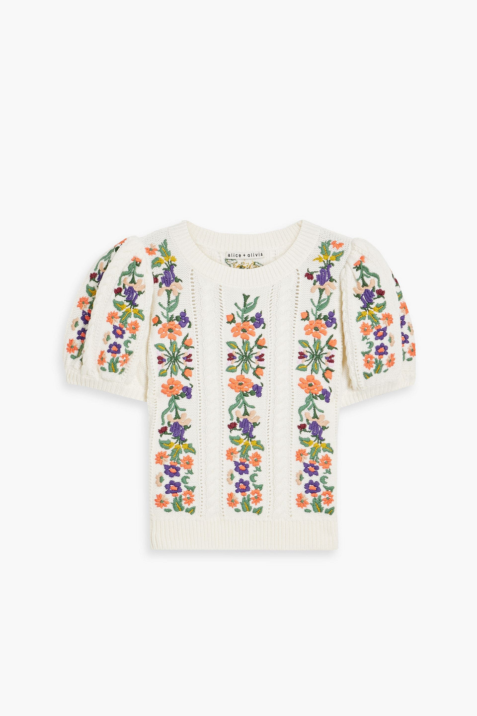 Alice And Olivia Daren Embroidered Cable-knit Wool-blend Sweater In White