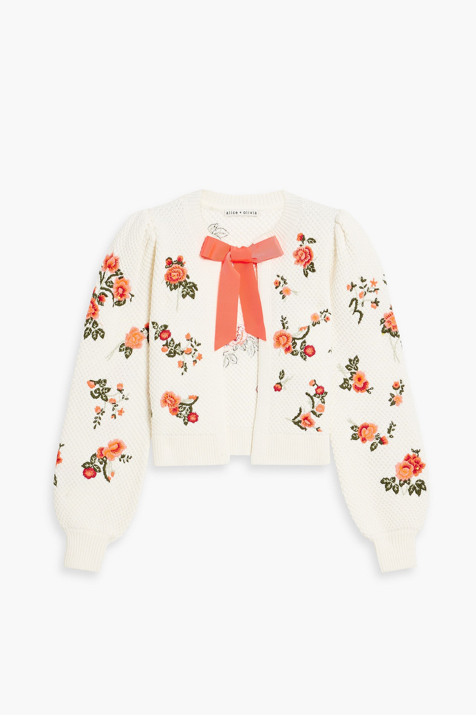Alice And Olivia Kitty Embroidered Wool-blend Cardigan In Coral