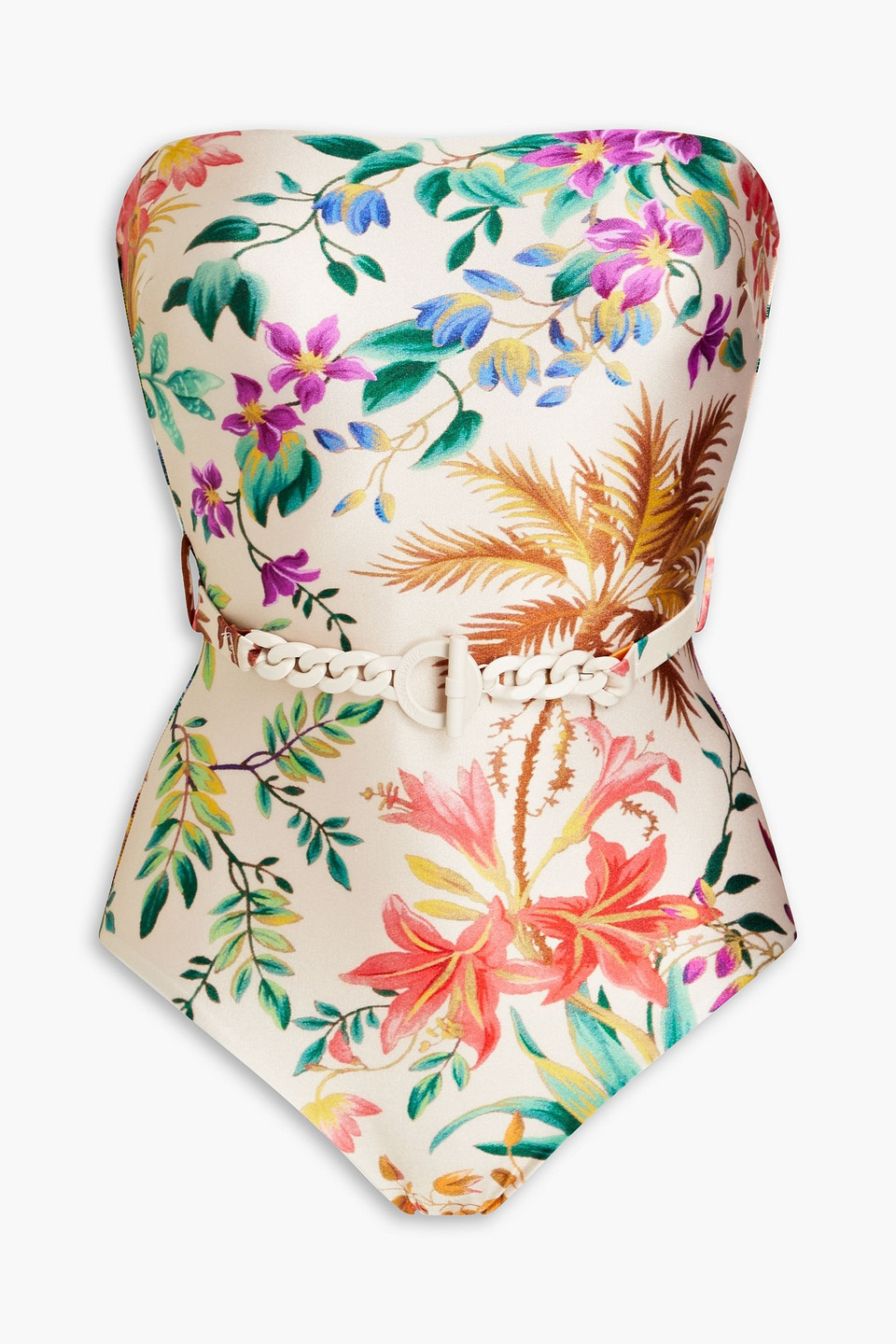 Zimmermann Tropicana Belted Printed Bandeau Swimsuit In Cream