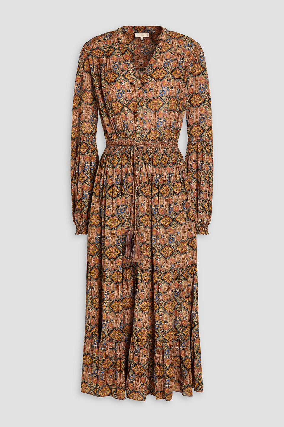 Bytimo Gathered Printed Cotton-blend Midi Dress In Brown